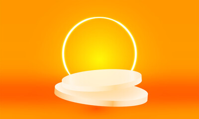 Bright stadium neon lights orange abstract room with circle glowing neon lamp lighting Stage for showcase. vector design.