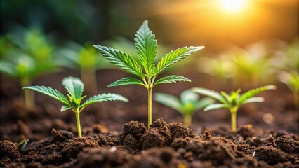 Panoramic cultivation of cannabis seeds germinating for marijuana production