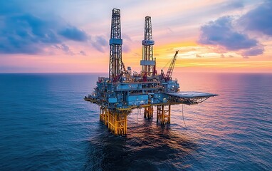 Obraz premium A dramatic aerial shot capturing an offshore drilling rig (jack-up rig) surrounded by calm seas during sunset