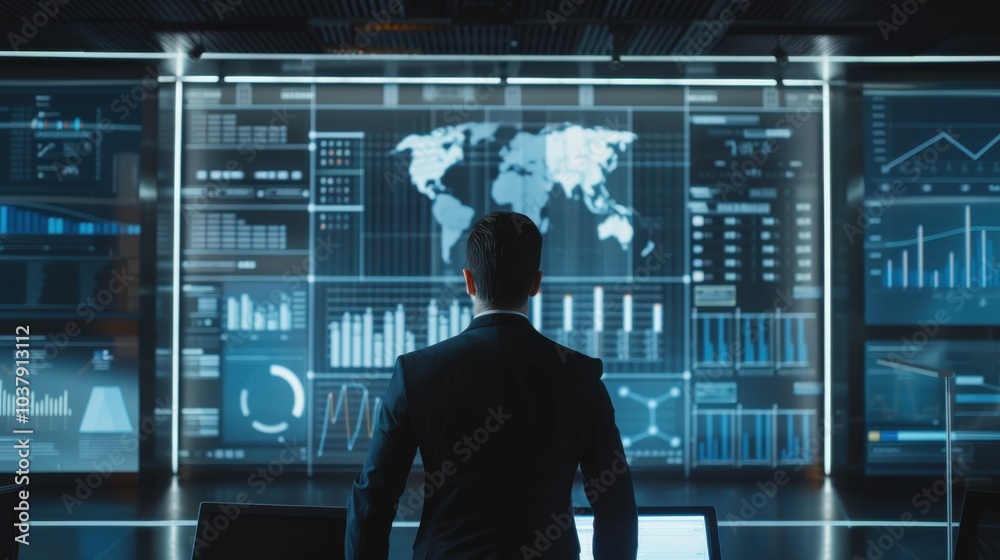 Poster a man stands in front of a computer monitor displaying a map of the world. he is wearing a suit and 