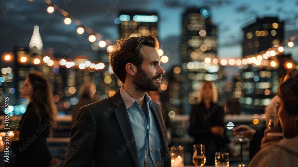 Aufkleber a man in a suit is standing on a rooftop with a group of people. he is smiling and looking out at th