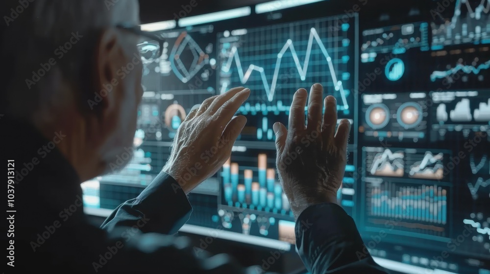 Poster a man is looking at a computer screen with a lot of graphs and numbers. he is using his hands to poi