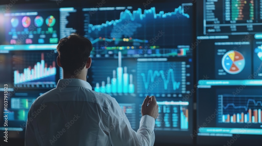 Poster a man is looking at a computer screen with many graphs and numbers. he is pointing at a specific gra