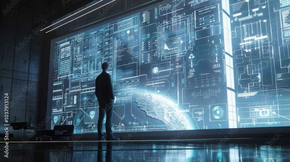 Poster a man stands in front of a large computer monitor displaying a planet and a man's face. the man is l