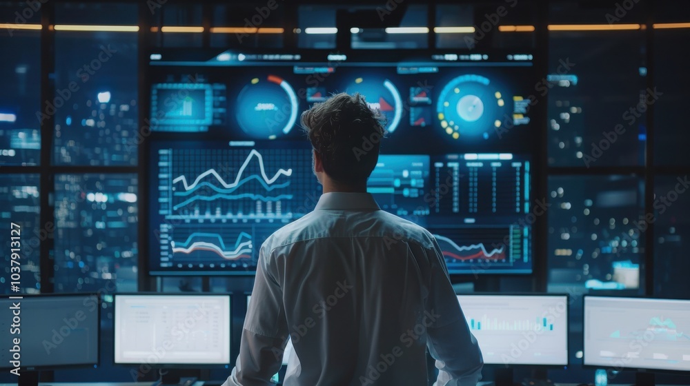 Poster a man is standing in front of a computer monitor with several graphs and charts on it. he is focused