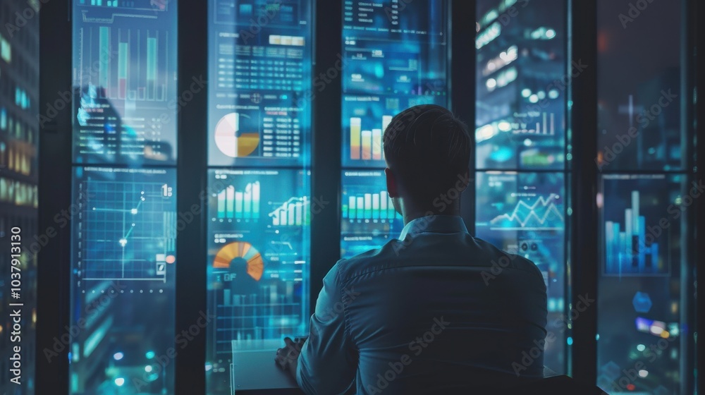 Poster a man is sitting in front of a computer monitor with a lot of graphs and numbers on it. he is focuse