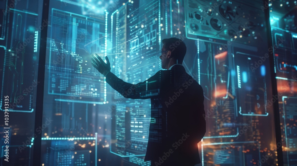 Poster a man is pointing at a computer screen with a finger. the image is of a cityscape with a man in a su