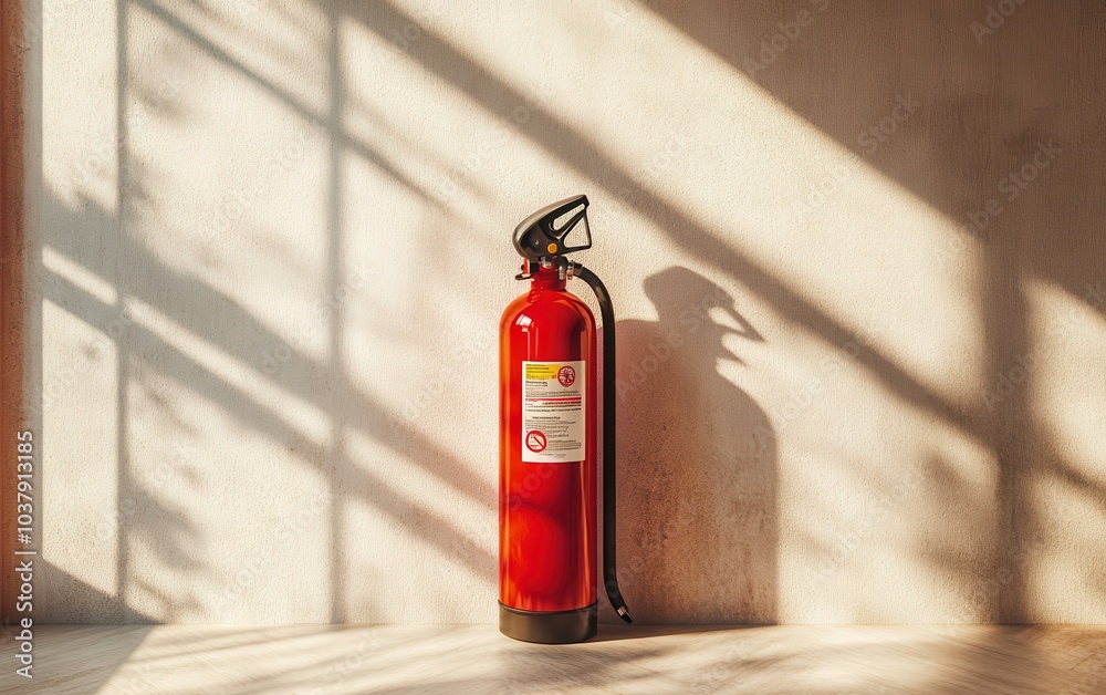 Wall mural a red fire extinguisher displayed on a bright, light-colored wall in a hallway, representing home fi