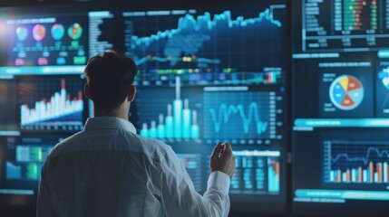 A man is looking at a computer screen with many graphs and numbers. He is pointing at a specific graph