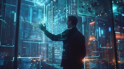 A man is pointing at a computer screen with a finger. The image is of a cityscape with a man in a suit standing in front of a window. The man is looking at the screen with a sense of curiosity
