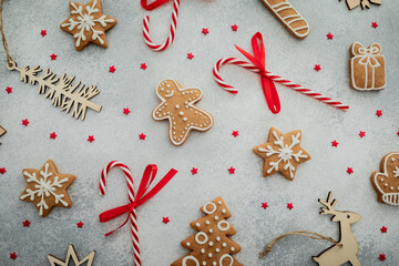 Christmas decoration with confetti and homemade cookies. New Year