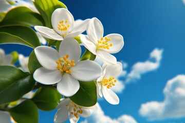 Obraz premium Amelanchier lamarckii flowers in a 3D digital illustration, with lifelike textures and vibrant white petals set against a bright spring sky