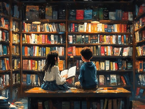 two children engaged in spirited conversation, sitting in a cozy bookstore surrounded by colorful bookshelves filled with literature, soft warm light illuminating their animated expressions