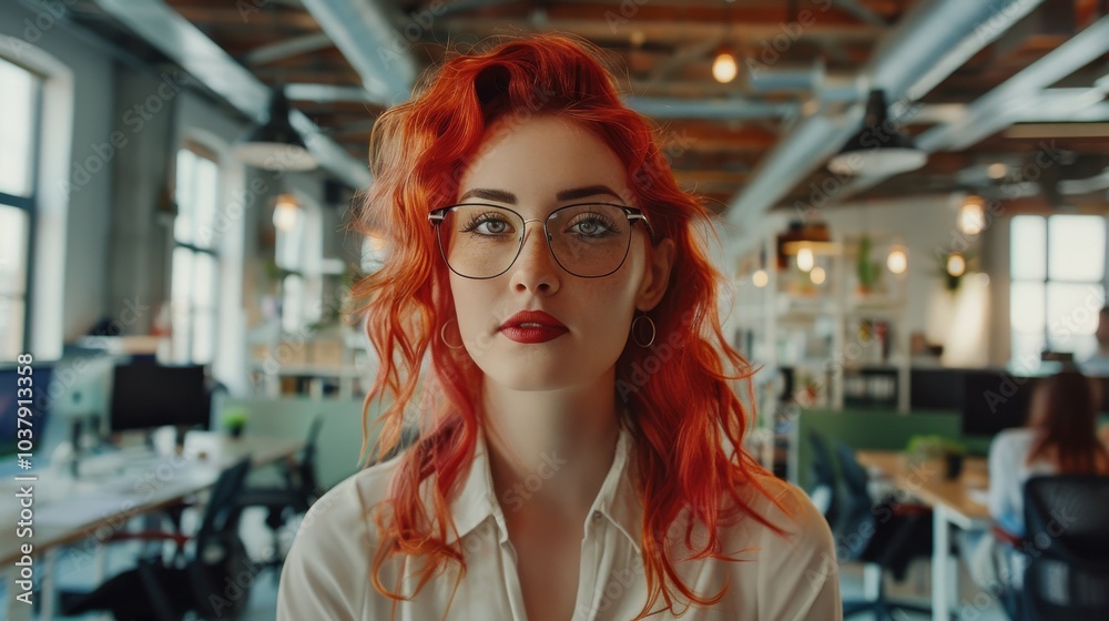 Poster an office worker with vibrant red hair in a modern workspace engages thoughtfully in a collaborative