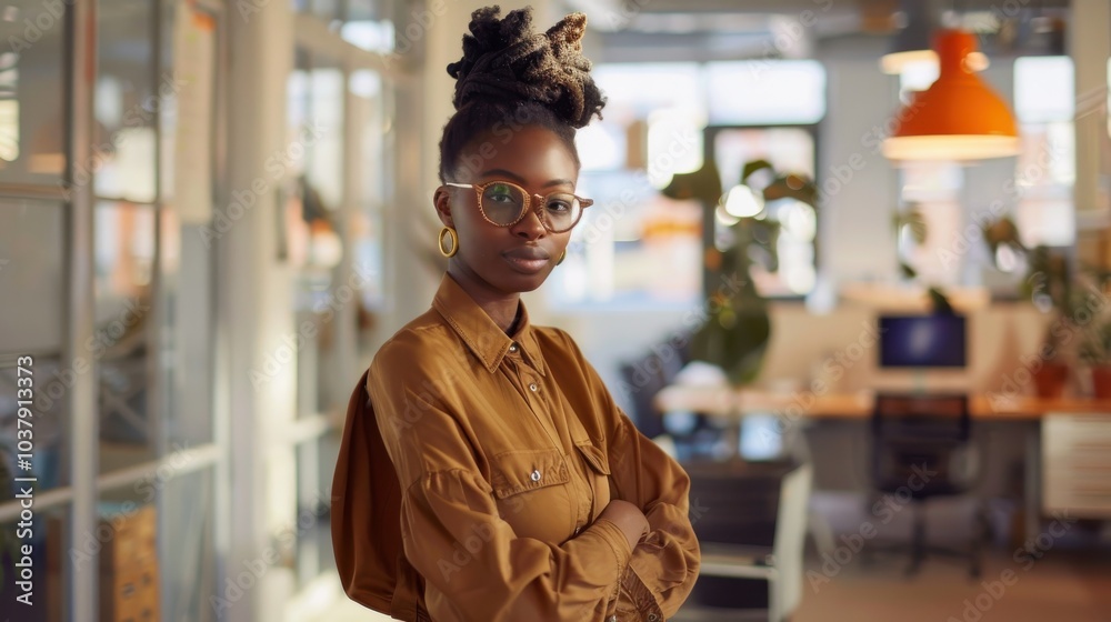 Poster An office worker showcases a unique personal style while standing confidently in a modern workspace during daylight hours