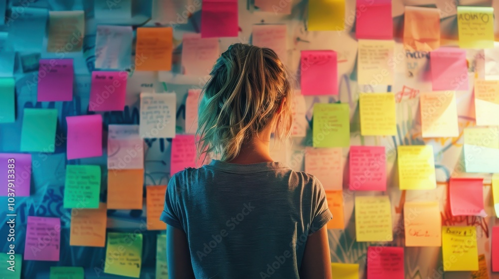 Poster an office worker evaluates colorful sticky notes on a wall during a creative brainstorming session