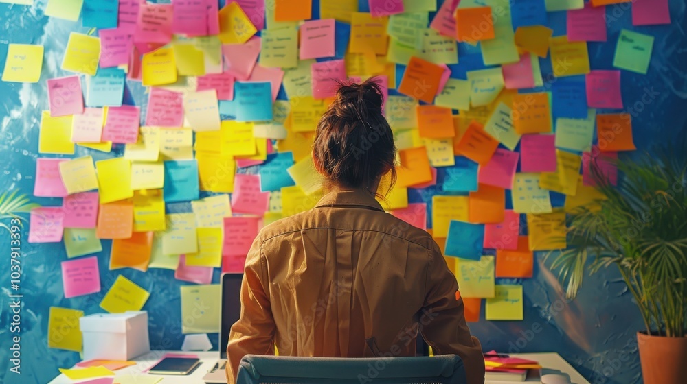 Aufkleber Office worker focuses on tasks surrounded by a vibrant wall of sticky notes in a creative workspace during the day