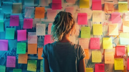 An office worker evaluates colorful sticky notes on a wall during a creative brainstorming session