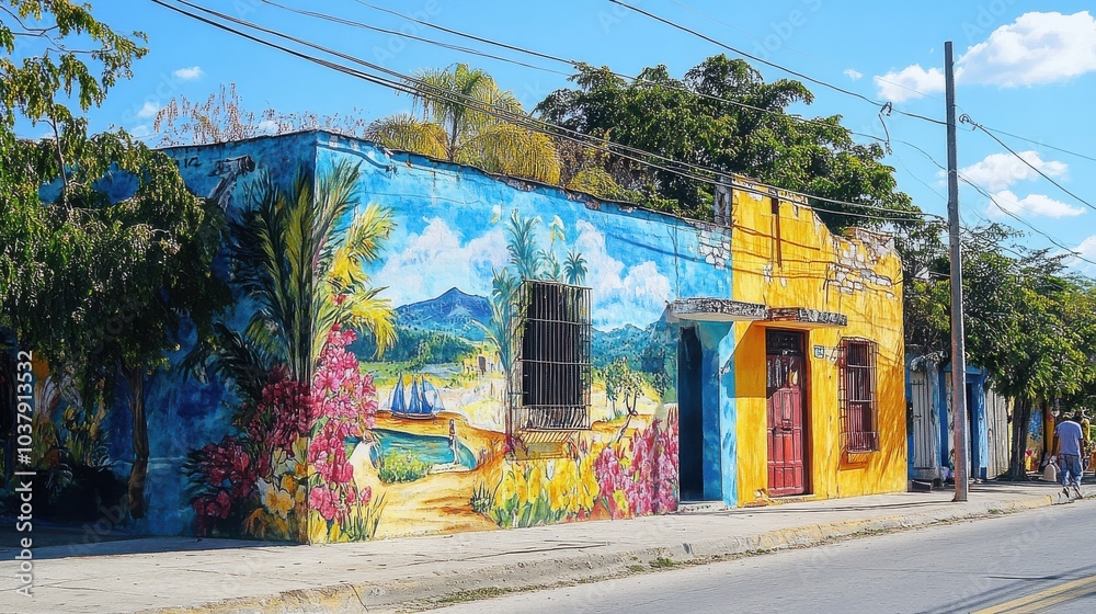 Poster a colorful building with a mural on the side