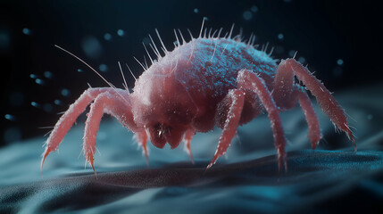 detailed view of a skin mite under a microscope showing intricate textures and hairlike structures, microscopic image of a skin mite crawling on a surface, magnified view of a skin parasite in high de