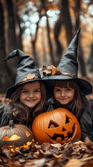 Fototapeta premium Two young girls in witch hats smile beside carved pumpkins on a fall day.