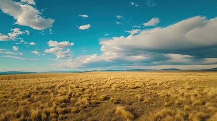 Fototapeta premium Endless Patagonian grasslands stretching beneath a vibrant blue sky with clouds