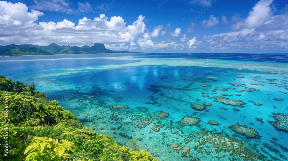 Poster a beautiful blue ocean with a green forest in the background. the water is calm and clear, and the s
