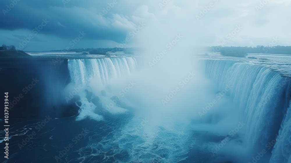 Poster A waterfall is shown in the distance with a cloudy sky in the background. The water is crashing down the waterfall, creating a misty and dramatic atmosphere