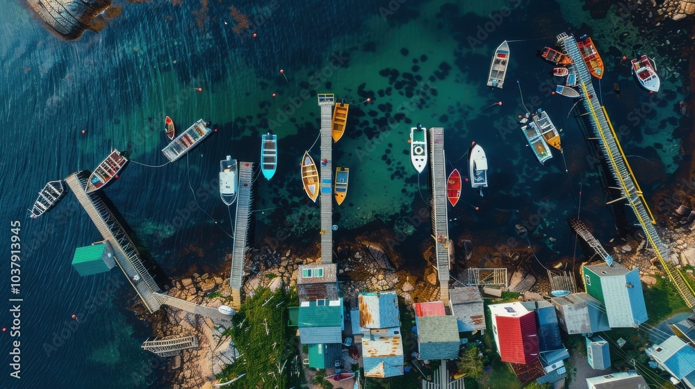 Poster a group of boats are docked in a harbor with a view of houses in the background. scene is peaceful a