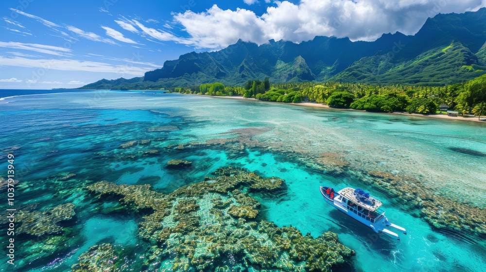 Poster a boat is floating on the ocean near a beach. the water is clear and blue, and the sky is blue and c