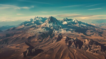 Naklejka premium Aerial view of dormant Patagonian volcanoes and rugged terrain under a clear sky in the arid plains of Patagonia