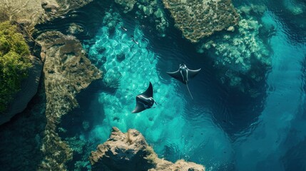 Two manta rays swimming in the ocean. The water is clear and blue. The sky is blue and the sun is shining