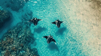 Three manta rays are swimming in the ocean. The water is clear and blue. The rays are in the middle of the ocean, with the water around them