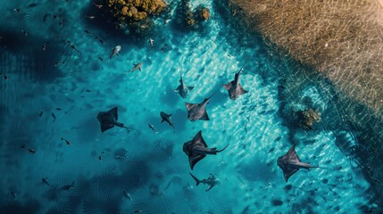 Aerial view of stingrays and sharks swimming gracefully near coral reefs in clear waters of French Polynesia