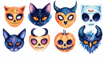 Fototapeta premium Colorful Halloween-themed cat and skull masks in vibrant hues.