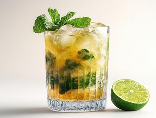vibrant caipirinha cocktail in a crystal glass, garnished with lime and mint, placed on a pristine white background, highlighting the drink's refreshing essence