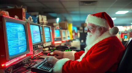 Santa Claus working on a computer in a holiday-themed room.