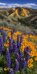 Fototapeta premium Colinas onduladas cobertas de flores silvestres sob um céu azul