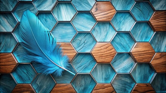reflected blue swan feather tile on wood background