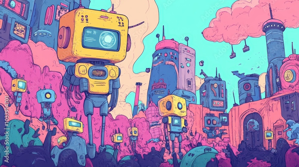 Poster a colorful cityscape with robots and buildings