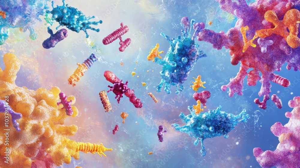 Poster a colorful image of bacteria and viruses floating in the air