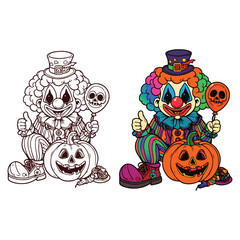 Horror clown cartoon scary circus monster face. Vector Halloween holiday character, evil clown or joker