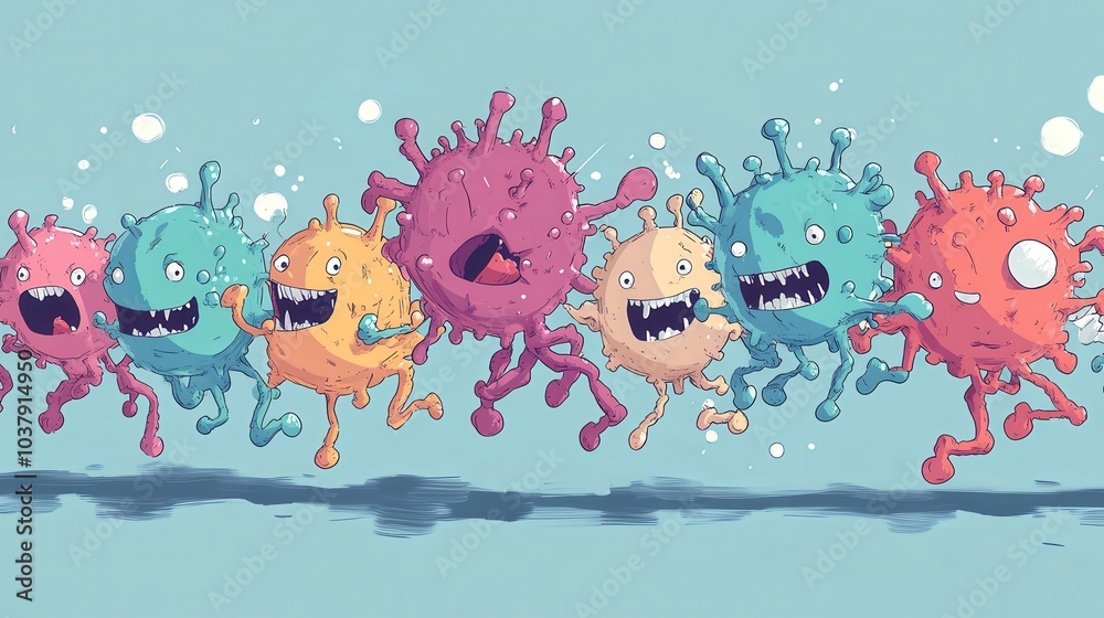 Poster a cartoon of a group of colorful viruses running across a blue background