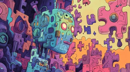 Obraz premium A colorful, abstract painting of a robot with a face