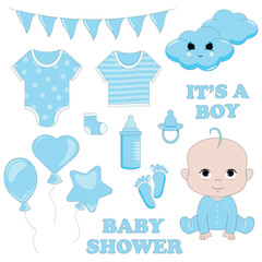 A set for a gender party, birthday, baby shower of a blue boy.