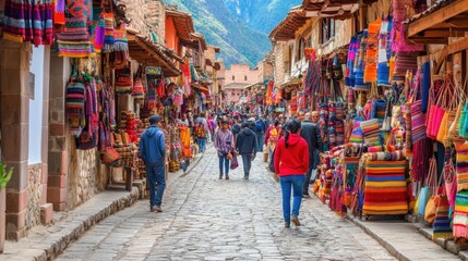 Colorful Street Market in Peru with Woven Goods and Local Crafts