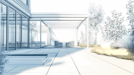 Fototapeta premium 3D render of building wireframe structure. London garden in summer with patio. Abstract construction graphic idea.