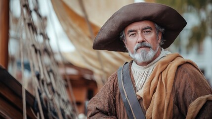A man dressed as Columbus stands beside a wooden ship during a historical reenactment with authentic clothing details
