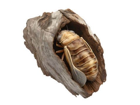 pupa of a cicada with its exoskeleton hardening before emerging from wood cavity on isolated background
