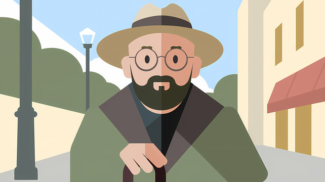 Man with Beard, Glasses and Hat Holding Cane in City Street with Lamppost and Building